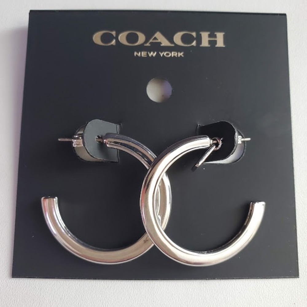 Coach Silver Tone Signature Charm 3/4 Hoop Earrings New with Tags C9478 - Picture 4 of 9